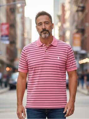 Polo Ralph Lauren Mens Pink Striped Short Sleeve Polo Shirt Large